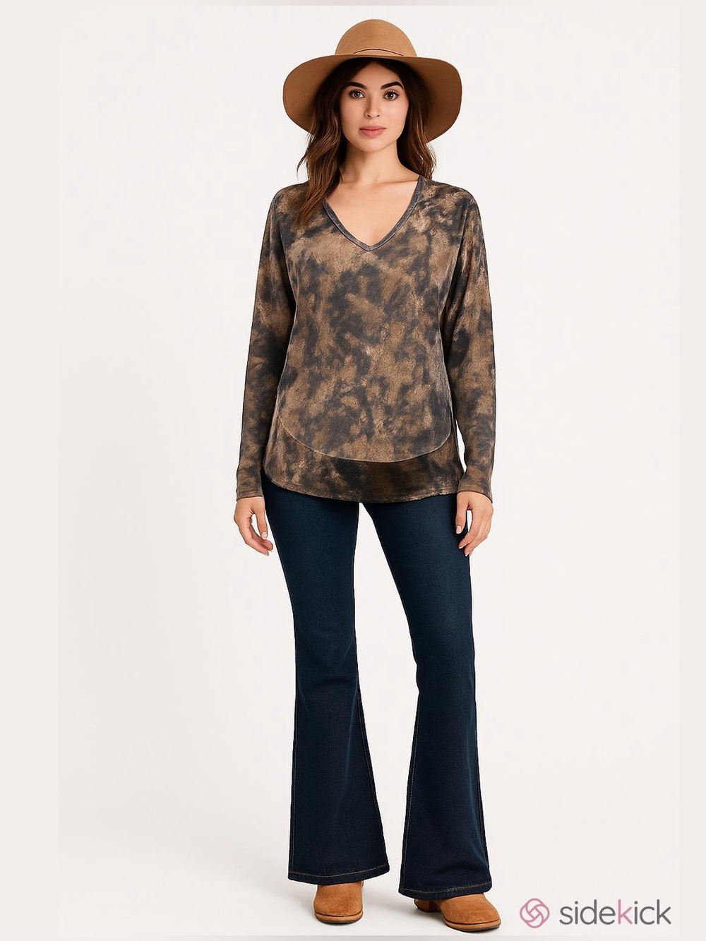 XCVI Tie Dye Mixed Media V-Neck Top Crushed Velvet Trim Jersey Gray Black Brown